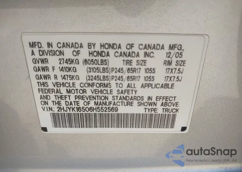 2006 Honda Ridgeline Rtl из США, поврежденный, VIN 2HJYK16506H552569